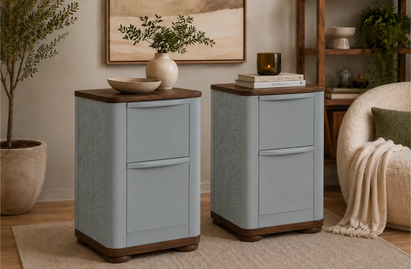 ✨Accent Tables with Wallpaper Detail | Solid Wood Pair ✨