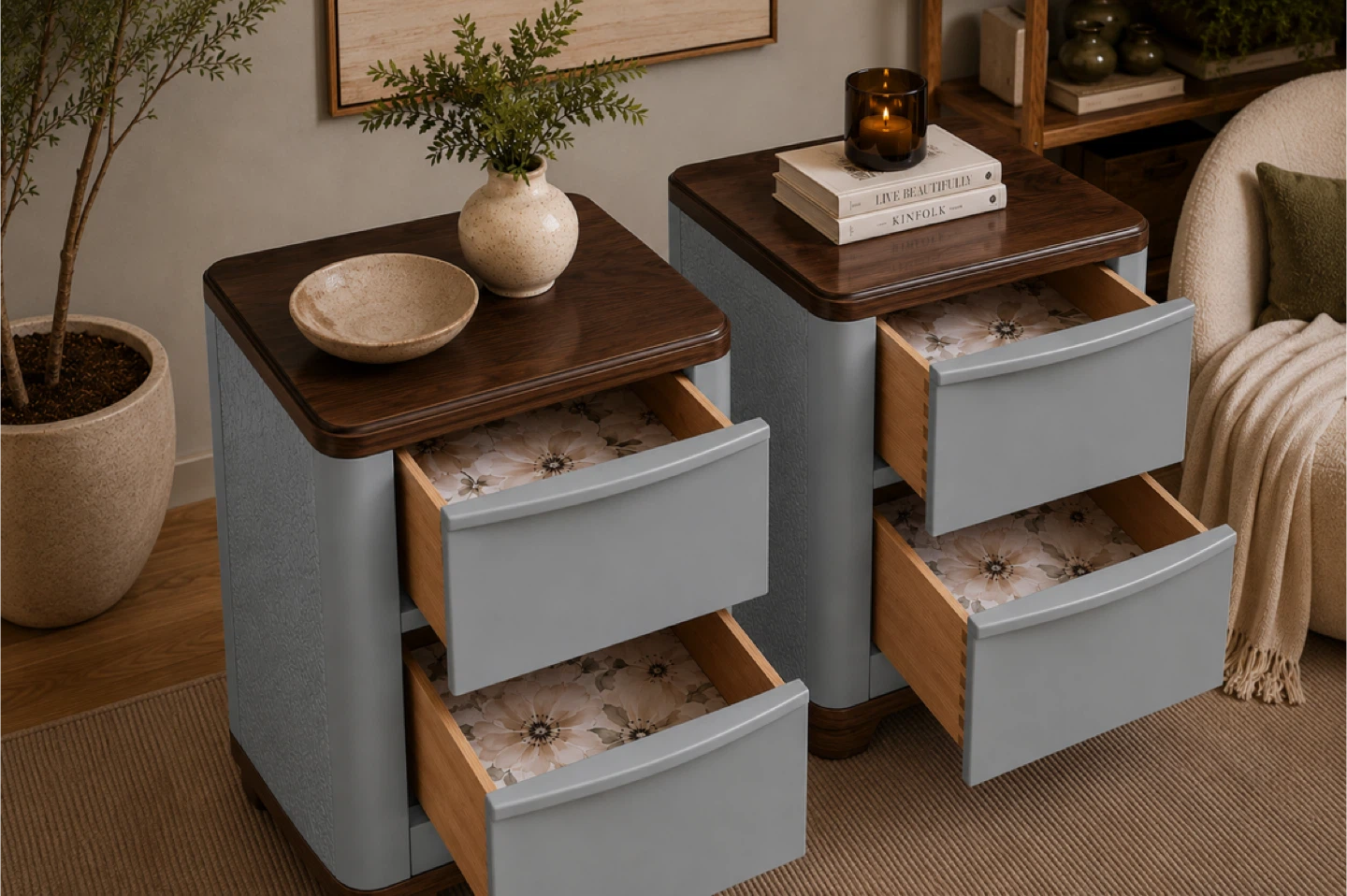 ✨Accent Tables with Wallpaper Detail | Solid Wood Pair ✨ - photo 5