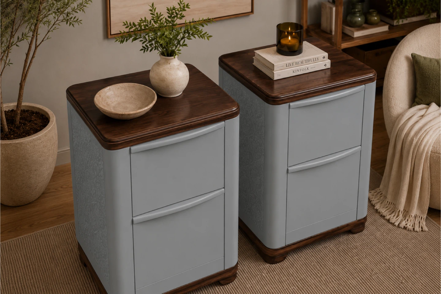 ✨Accent Tables with Wallpaper Detail | Solid Wood Pair ✨ - photo 2