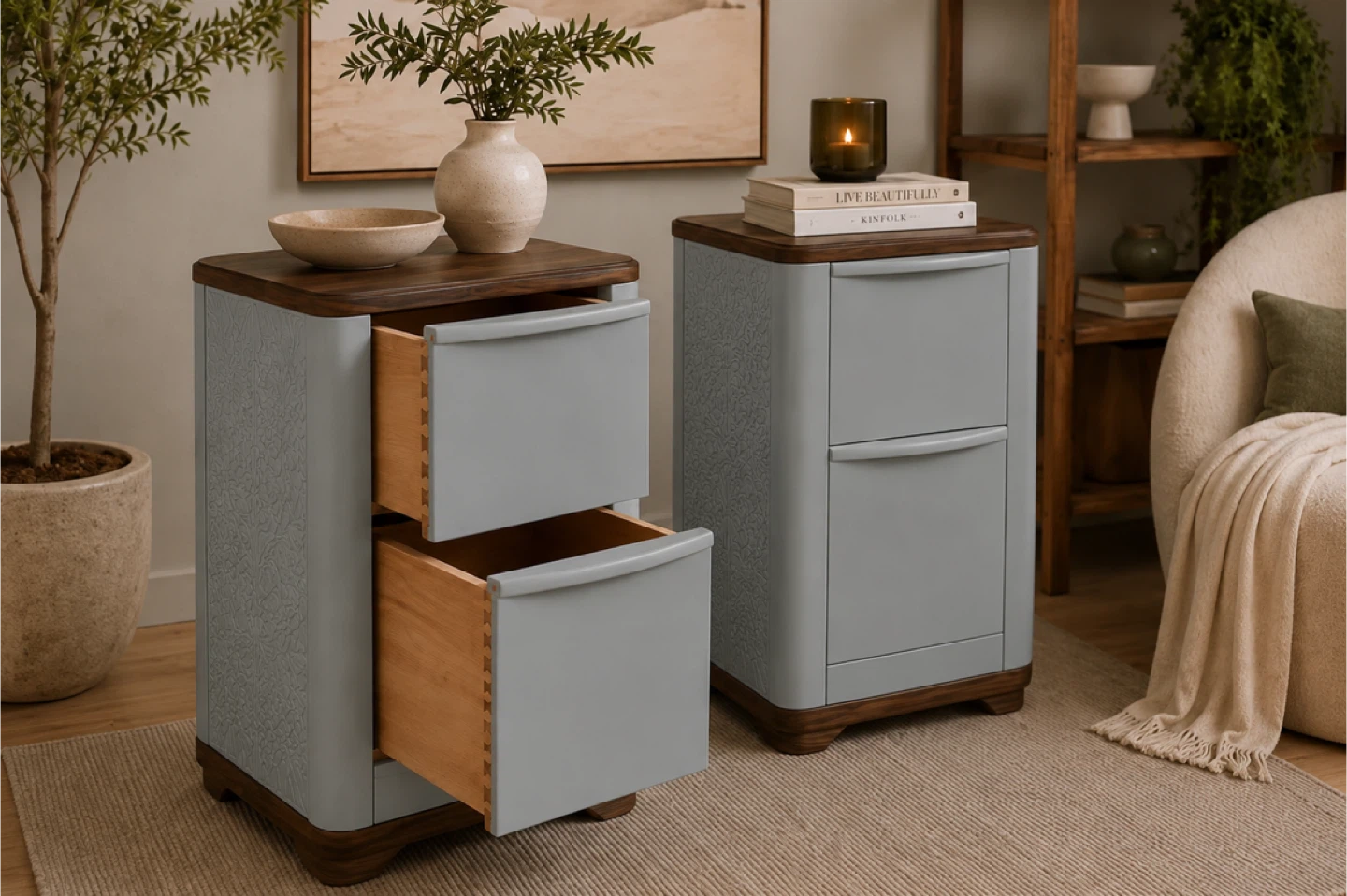 ✨Accent Tables with Wallpaper Detail | Solid Wood Pair ✨ - photo 4