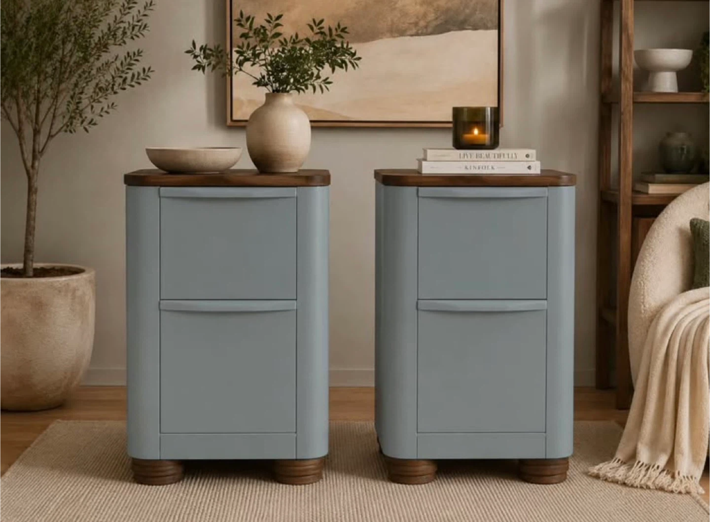 ✨Accent Tables with Wallpaper Detail | Solid Wood Pair ✨ - photo 3