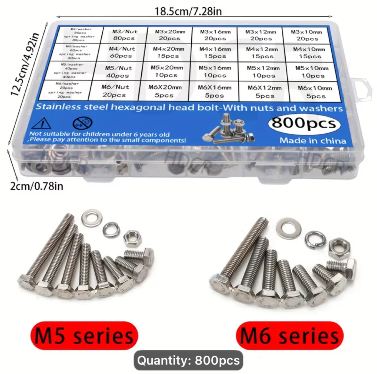 800pcs Stainless Steel Hex Bolt Assortment Kit with Nuts - photo 2
