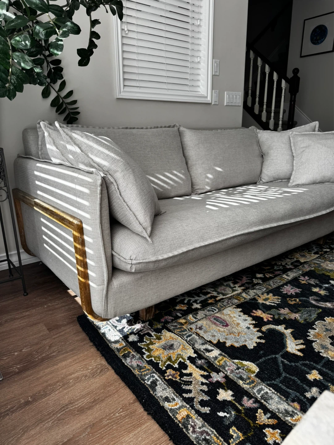 Light Grey down feather Sofa with Wood Accents
