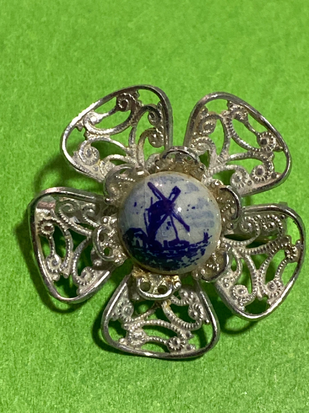 Vintage Filigree Brooch with Windmill Scene