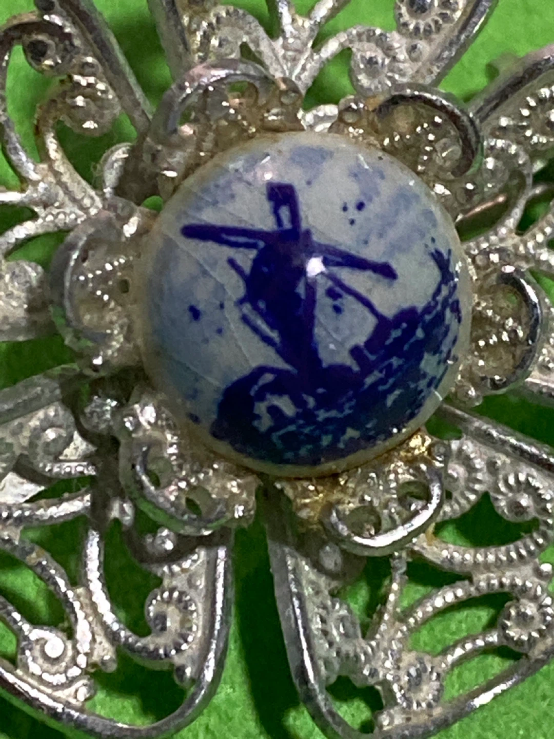Vintage Filigree Brooch with Windmill Scene - photo 2
