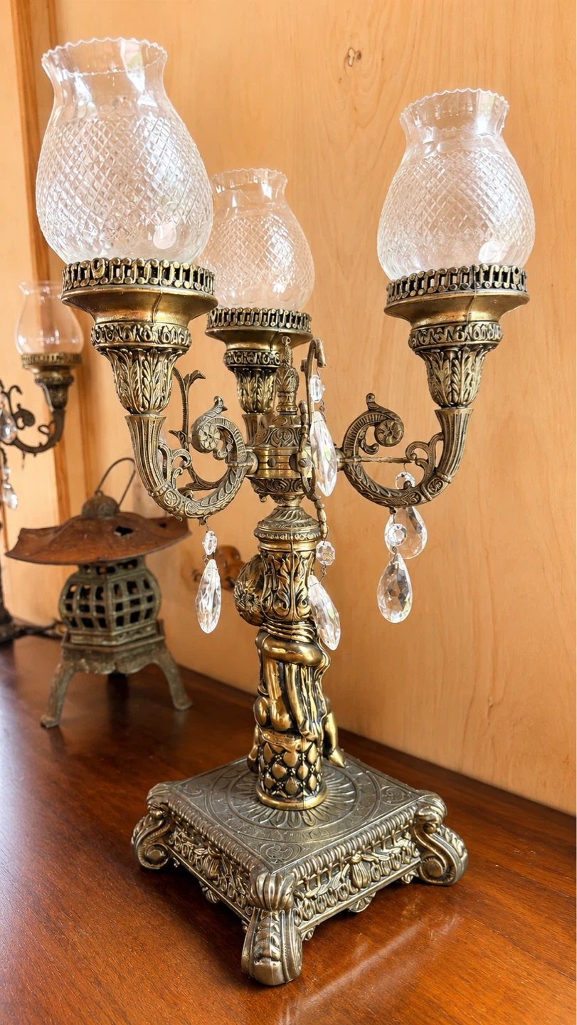 Vintage Brass Candelabra Table Lamp with Crystal Prisms