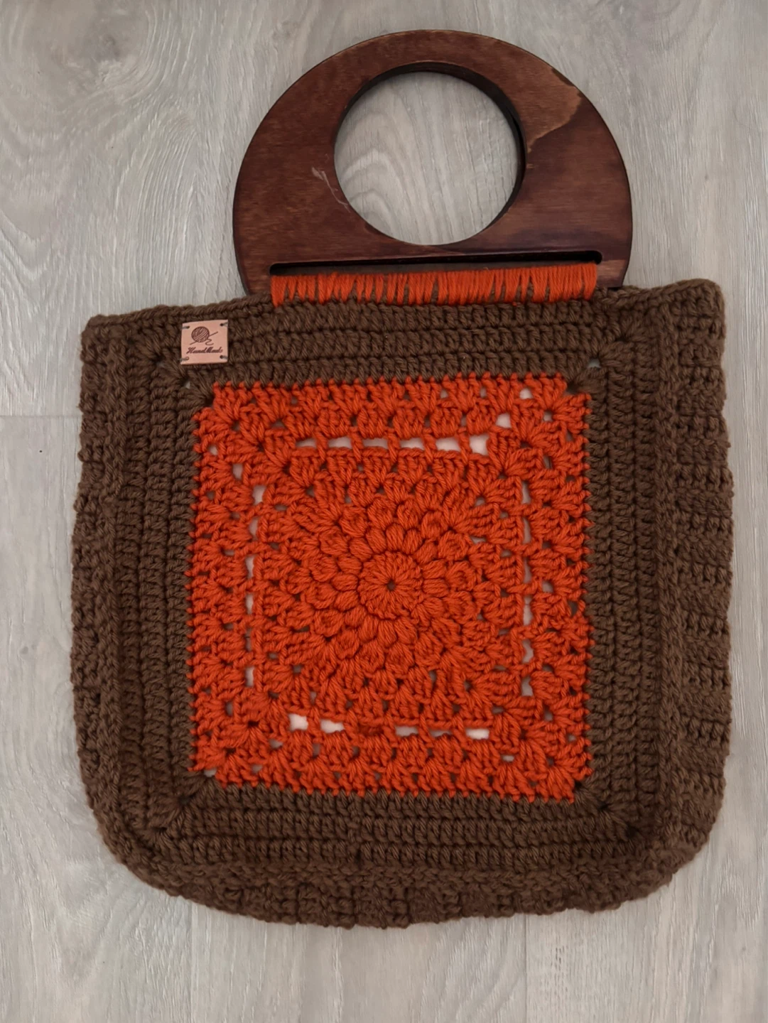 Handmade Crochet Shoulder Bag with Wooden Handles