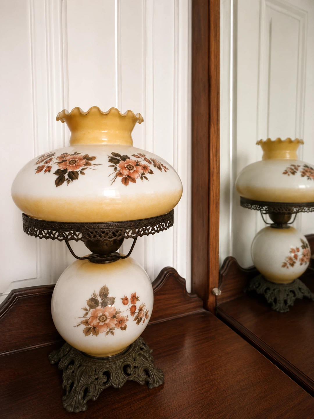 Vintage Floral Hurricane Table Lamp with Matching Glass Shade