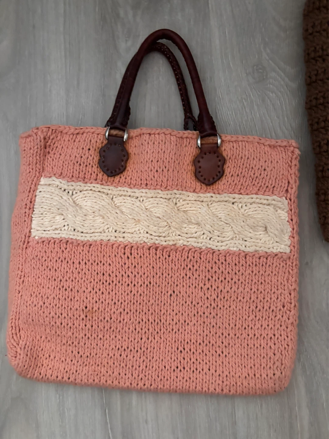 Peach Knit Tote Bag with Cream Cable Detail - photo 3