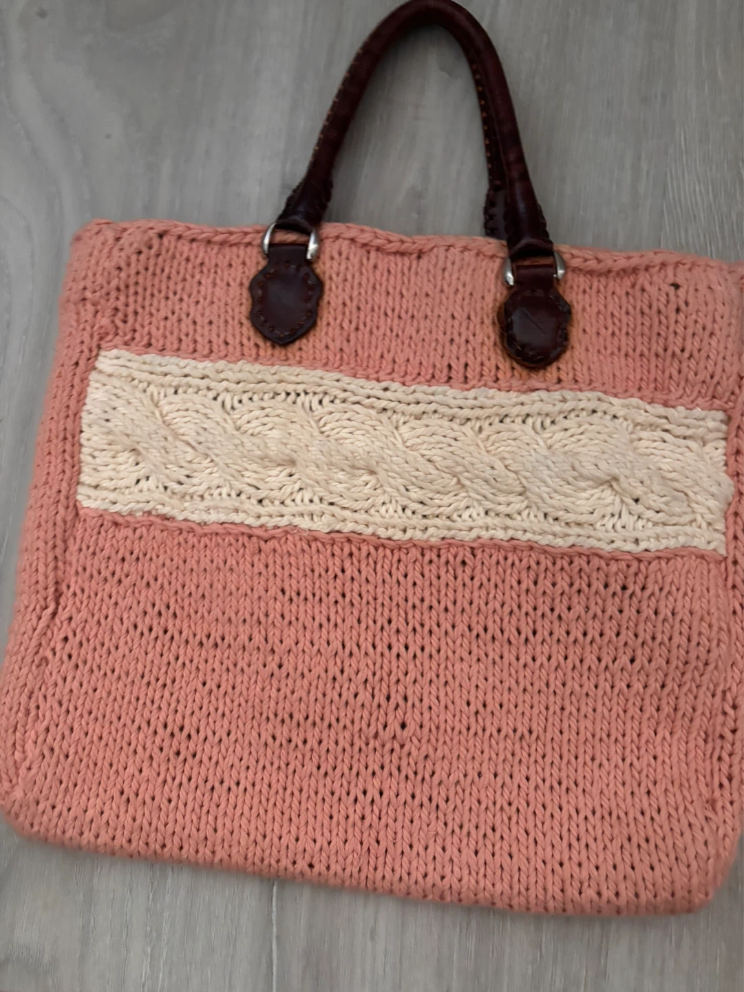 Peach Knit Tote Bag with Cream Cable Detail
