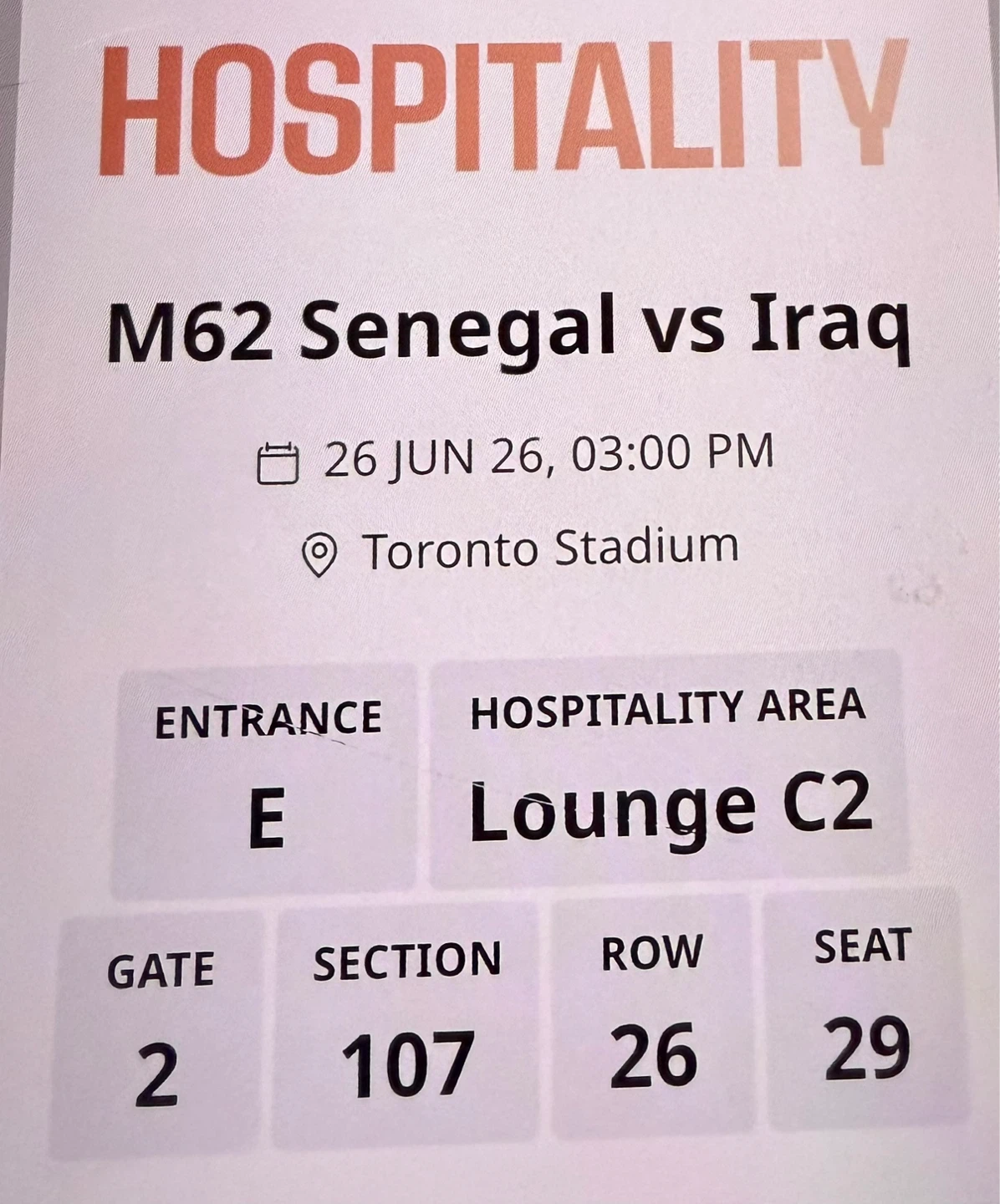 M62 Senegal vs Iraq Hospitality Tickets
