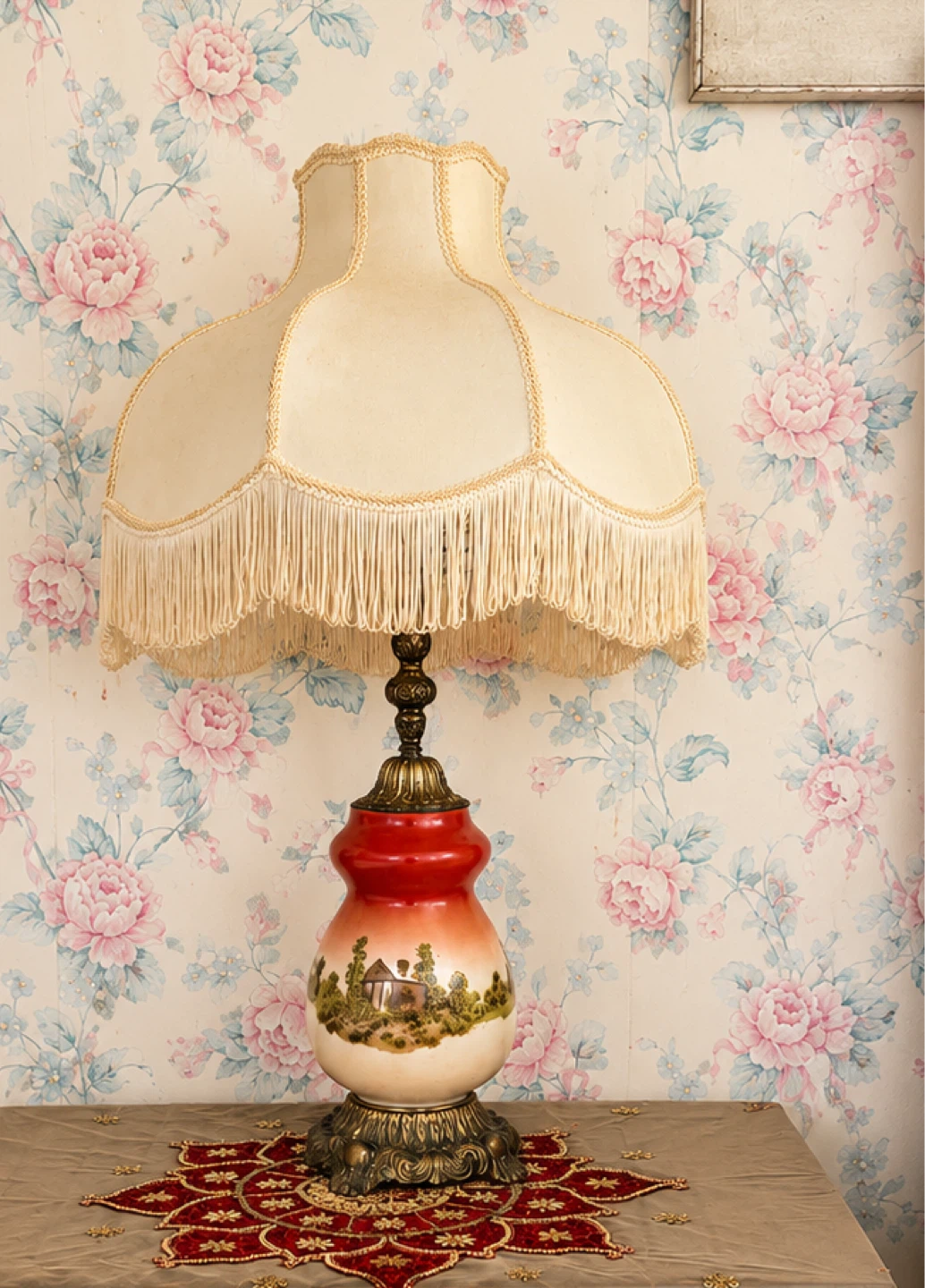 Vintage Hand-Painted Table Lamp with Original Fringe Shade