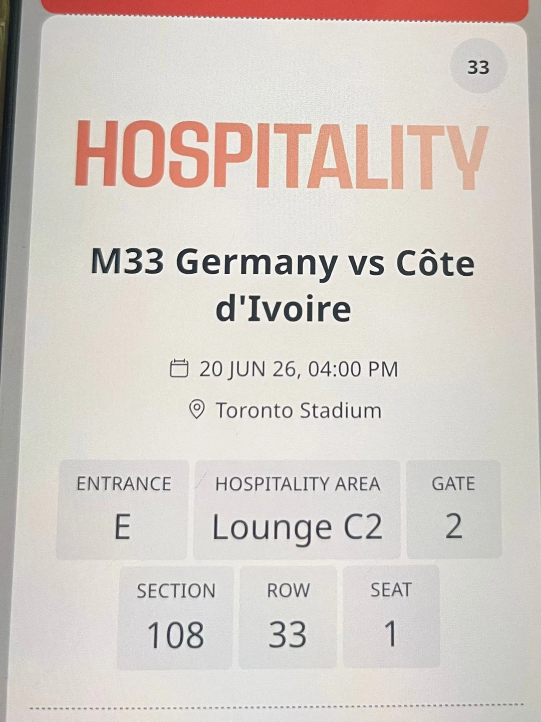 Hospitality Ticket: Germany vs Côte d'Ivoire - June 26