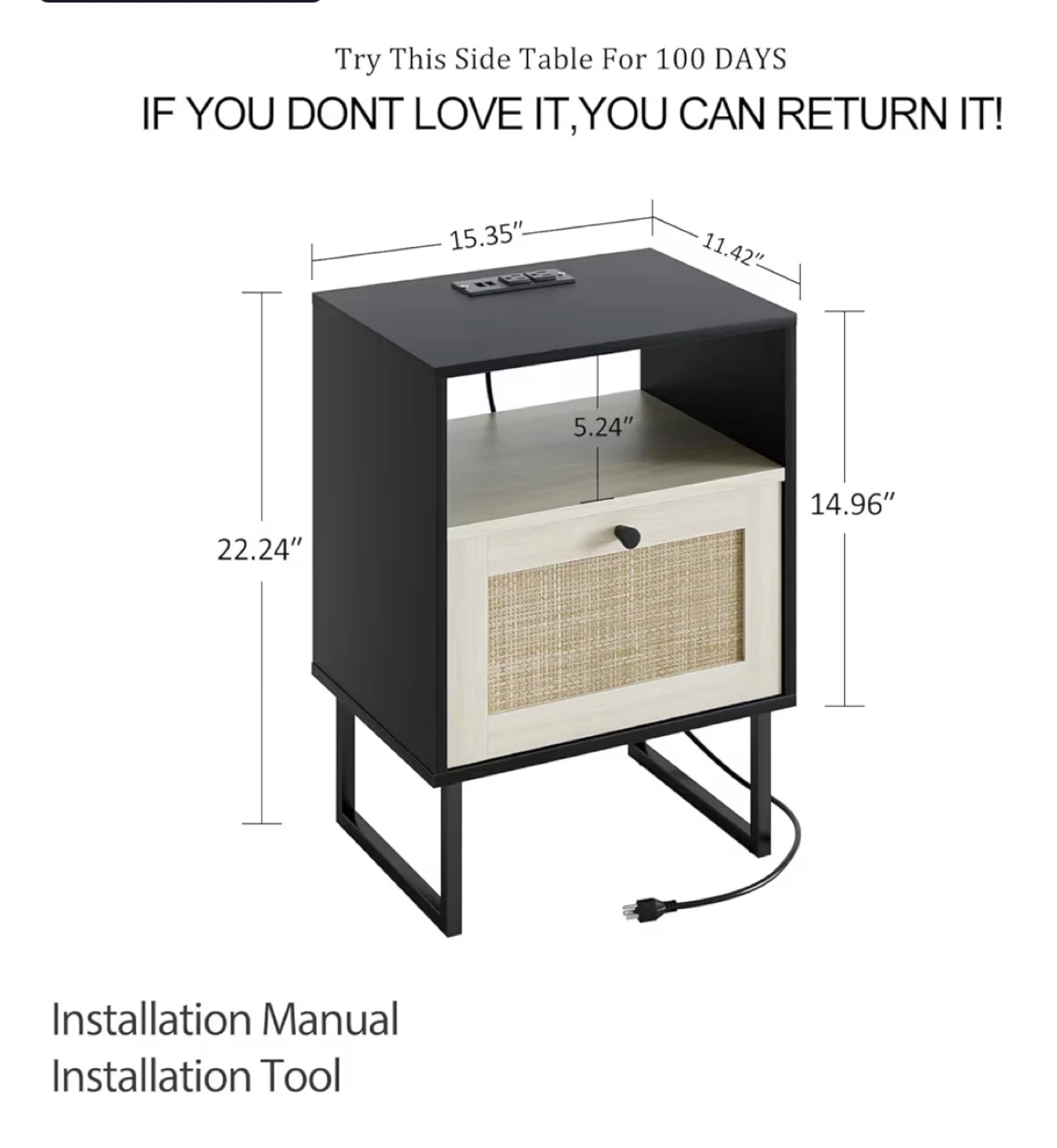 Modern Nightstand with Charging Station and Rattan Drawer - photo 2