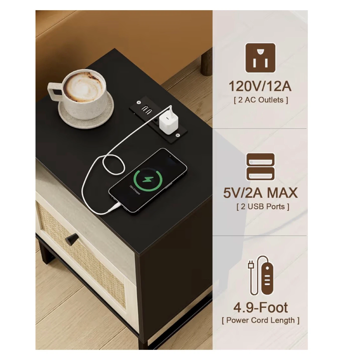 Modern Nightstand with Charging Station and Rattan Drawer - photo 4