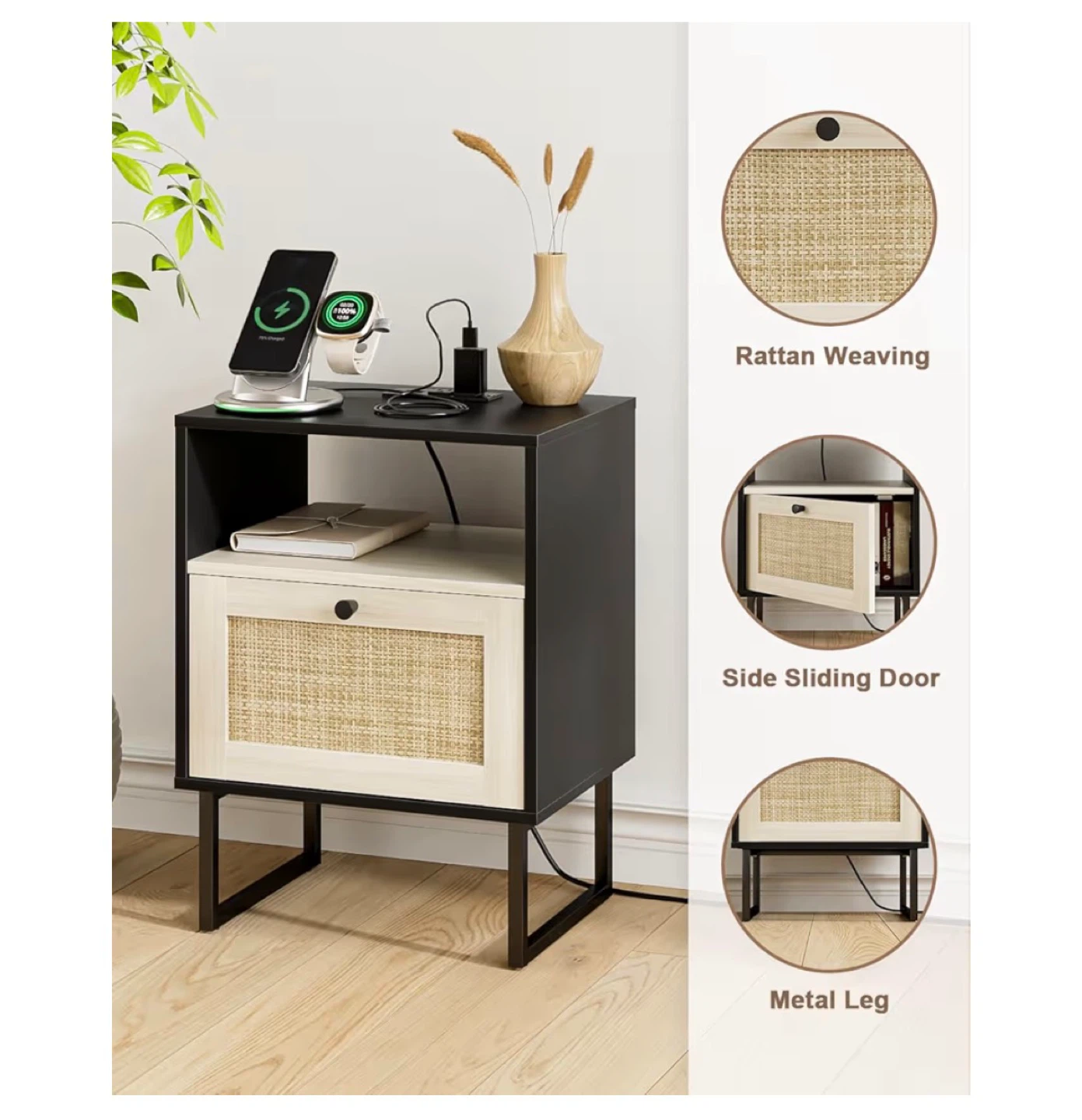 Modern Nightstand with Charging Station and Rattan Drawer - photo 3