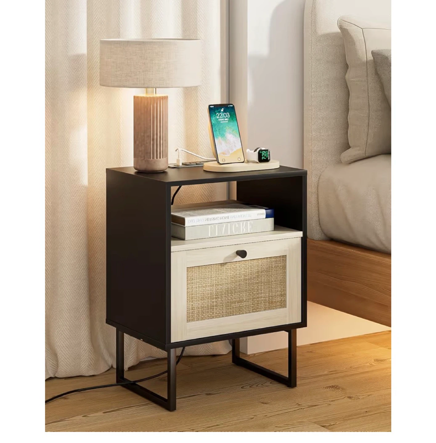 Modern Nightstand with Charging Station and Rattan Drawer