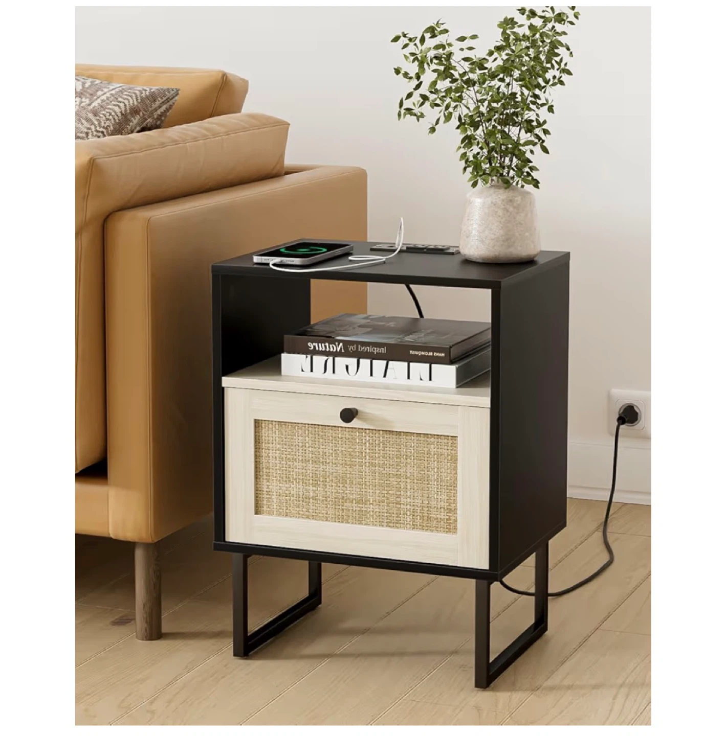 Modern Nightstand with Charging Station and Rattan Drawer - photo 5