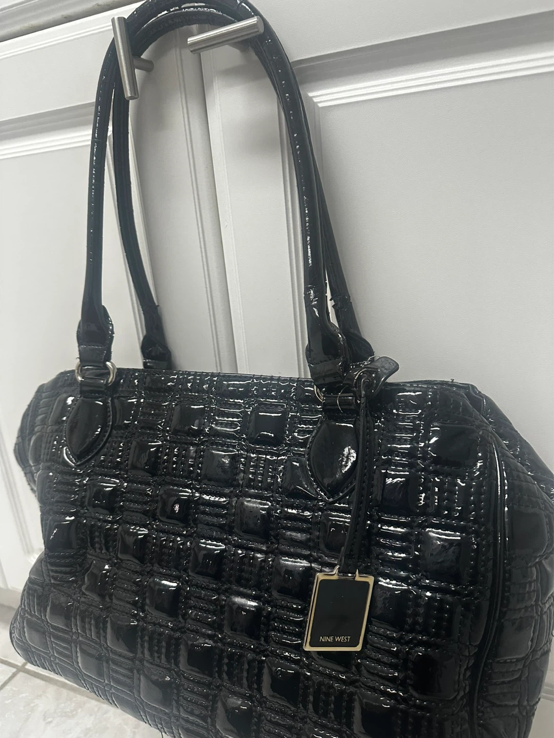 y2k Nine West Black Patent Quilted Tote Bag