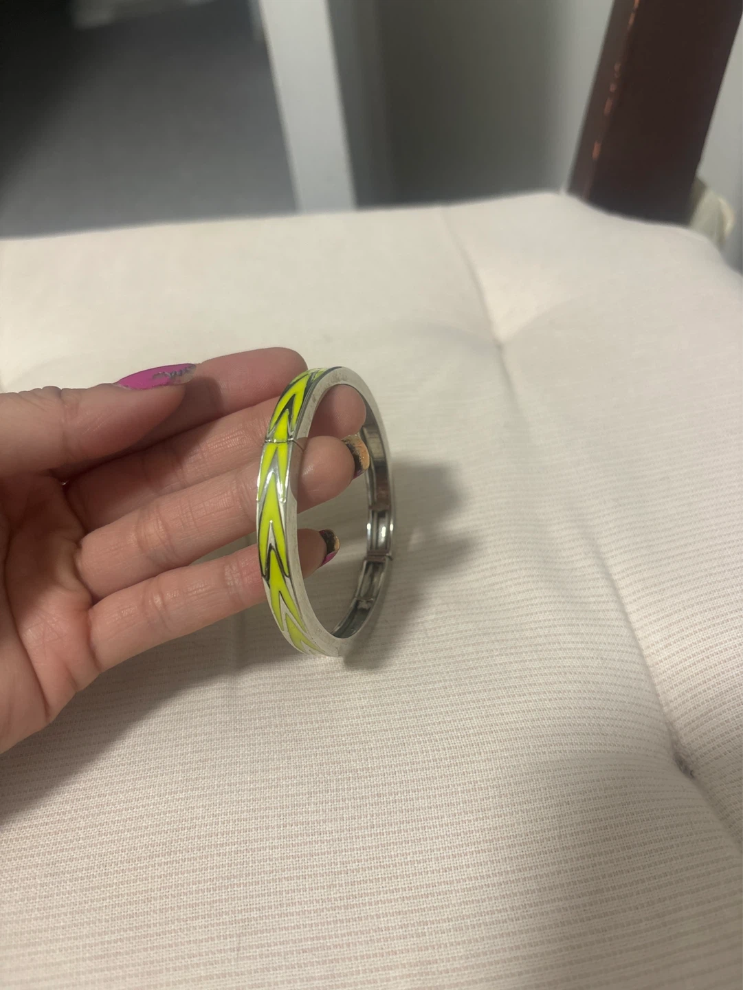 Silver Tone Bangle Bracelet with Neon Yellow Pattern