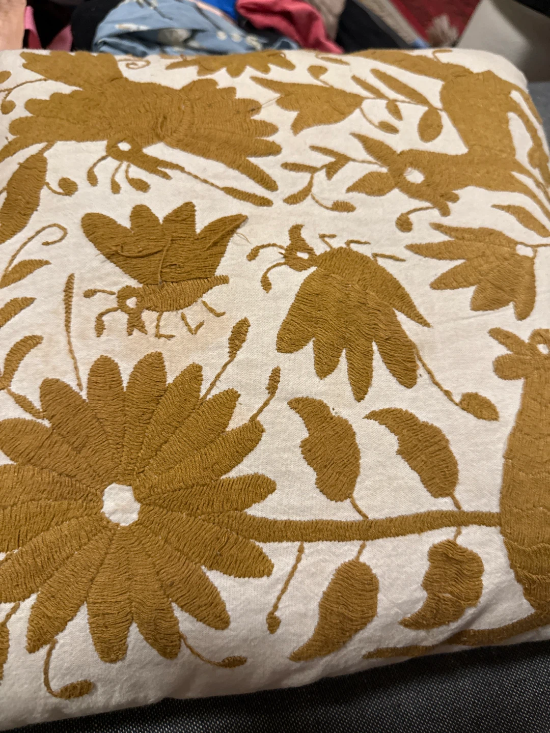 Embroidered Throw Pillow Cover with Floral & Bird Design