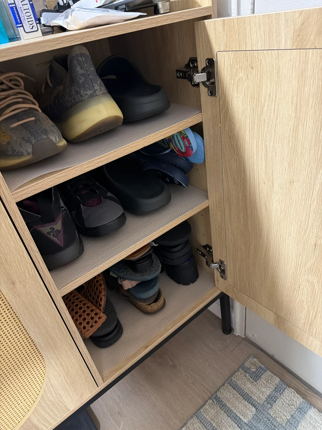 Light Wood 3-Door Shoe Cabinet with Rattan Accents - photo 3