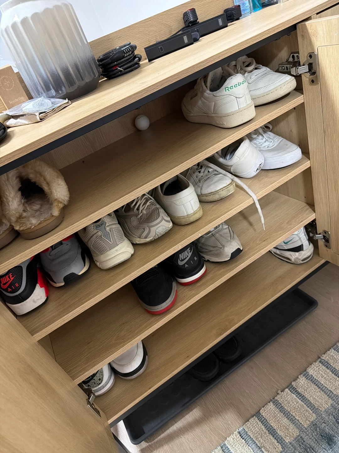 Light Wood 3-Door Shoe Cabinet with Rattan Accents - photo 2