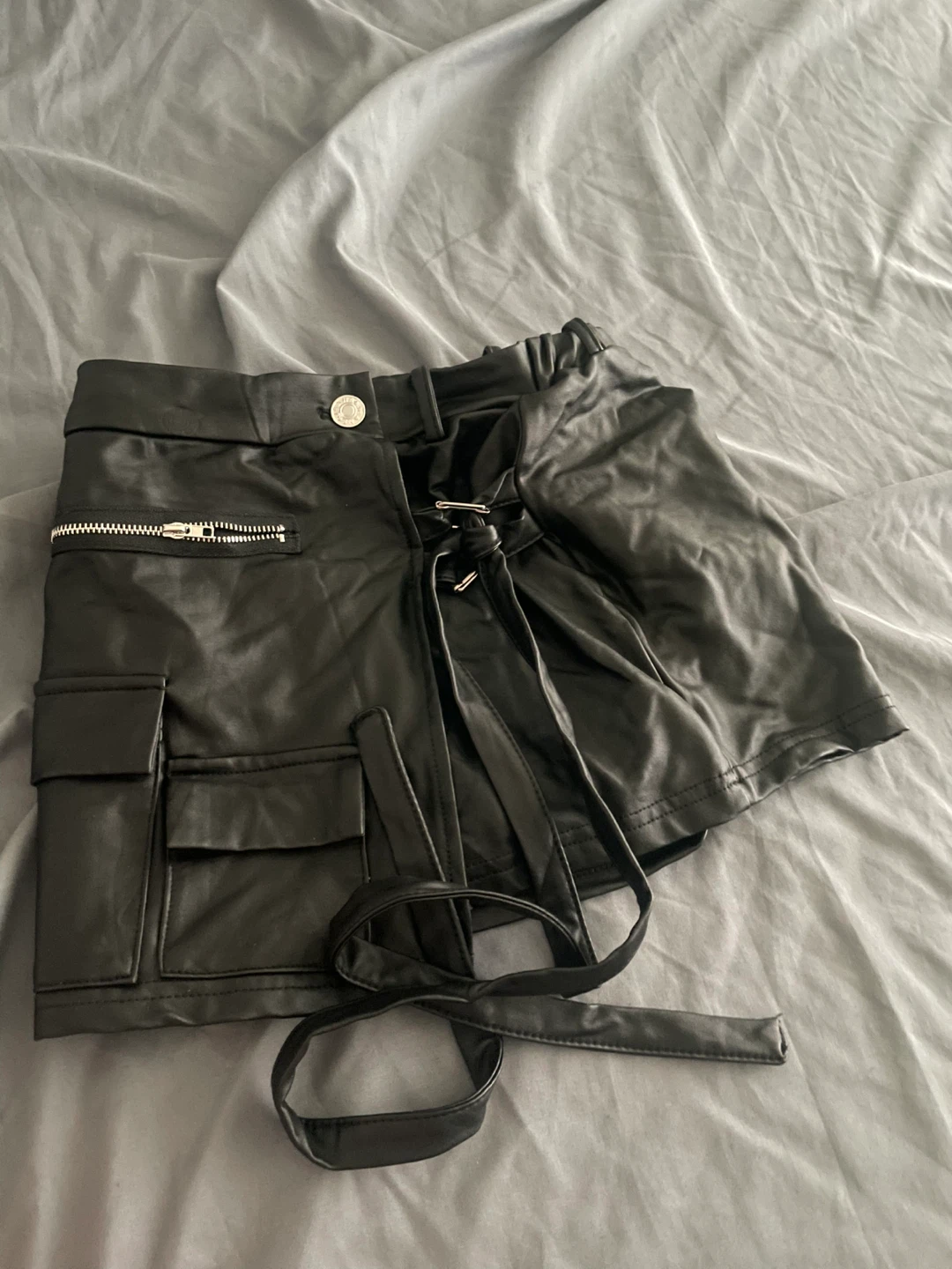 Black Faux Leather Cargo Skirt