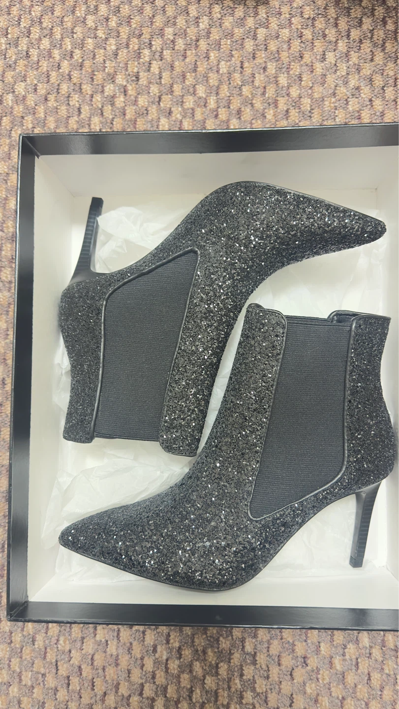 ZARA Black Glitter Pointed Toe Heeled Ankle Boots