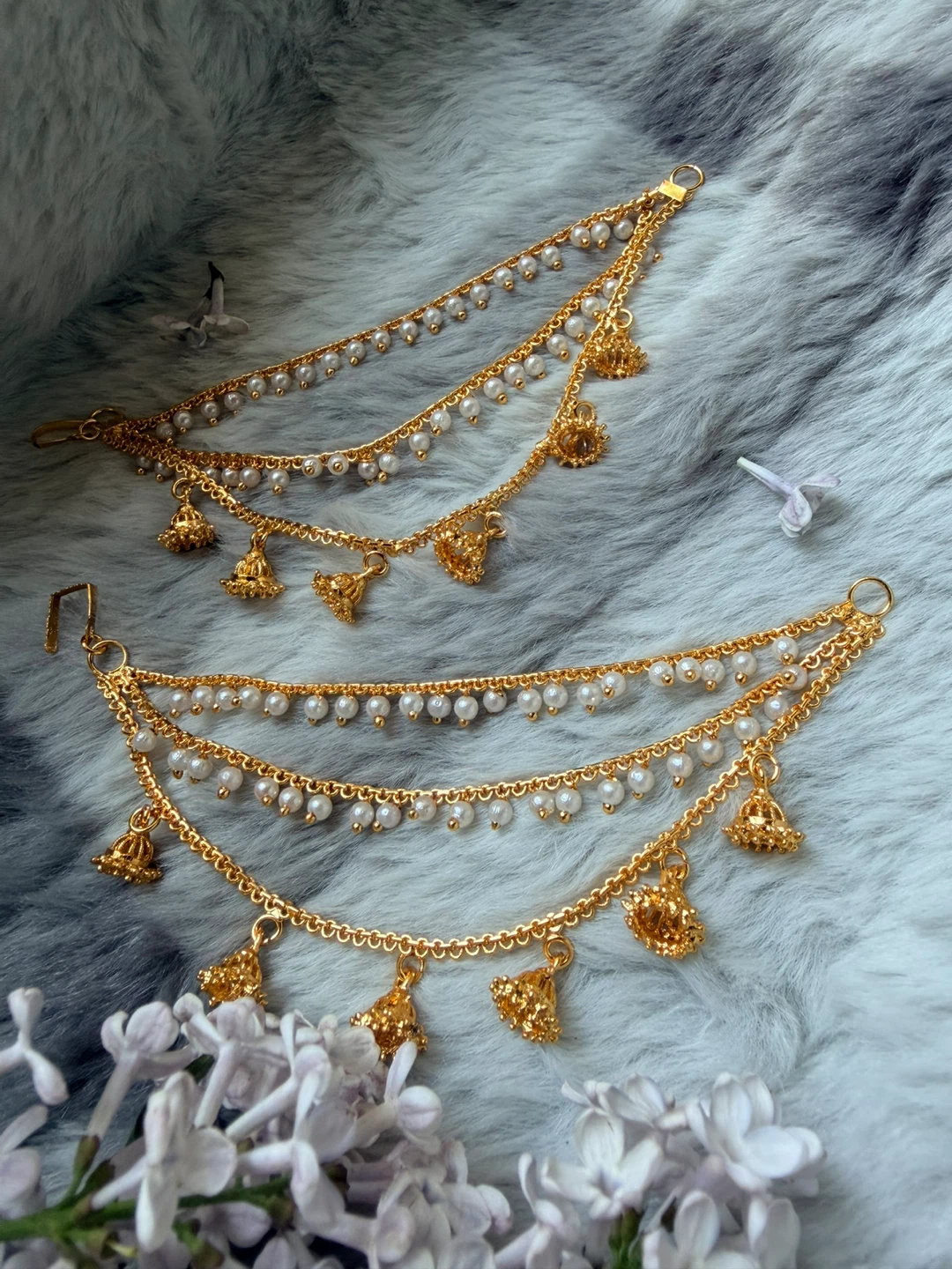 Gold Tone Earrings with Pearls and Bells