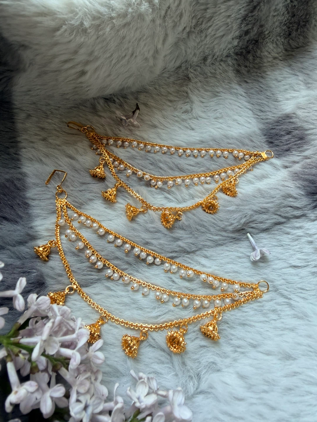 Gold Tone Earrings with Pearls and Bells - photo 2