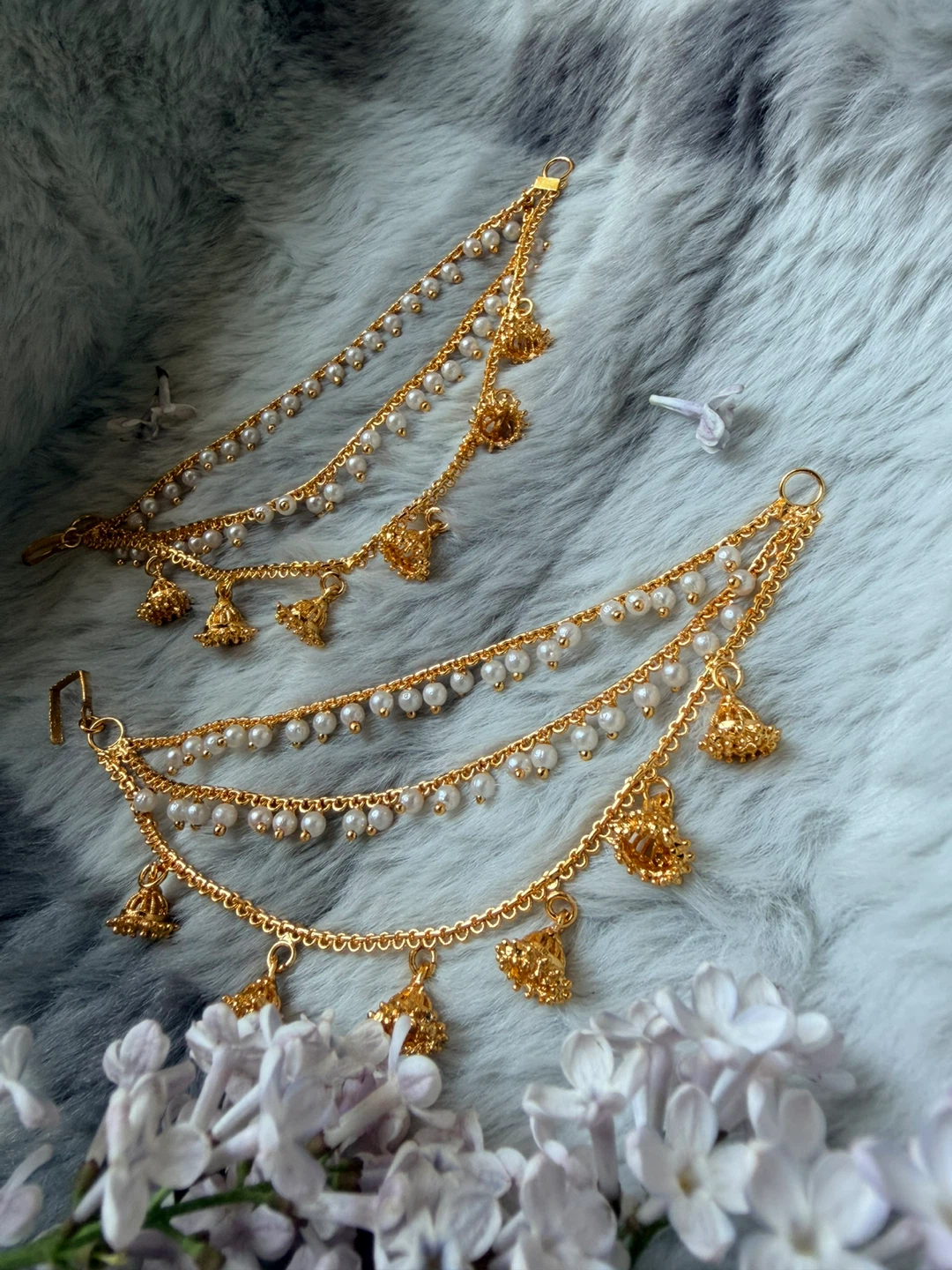 Gold Tone Earrings with Pearls and Bells - photo 3