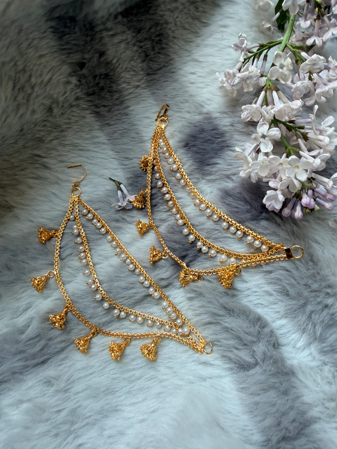 Gold Tone Earrings with Pearls and Bells - photo 4
