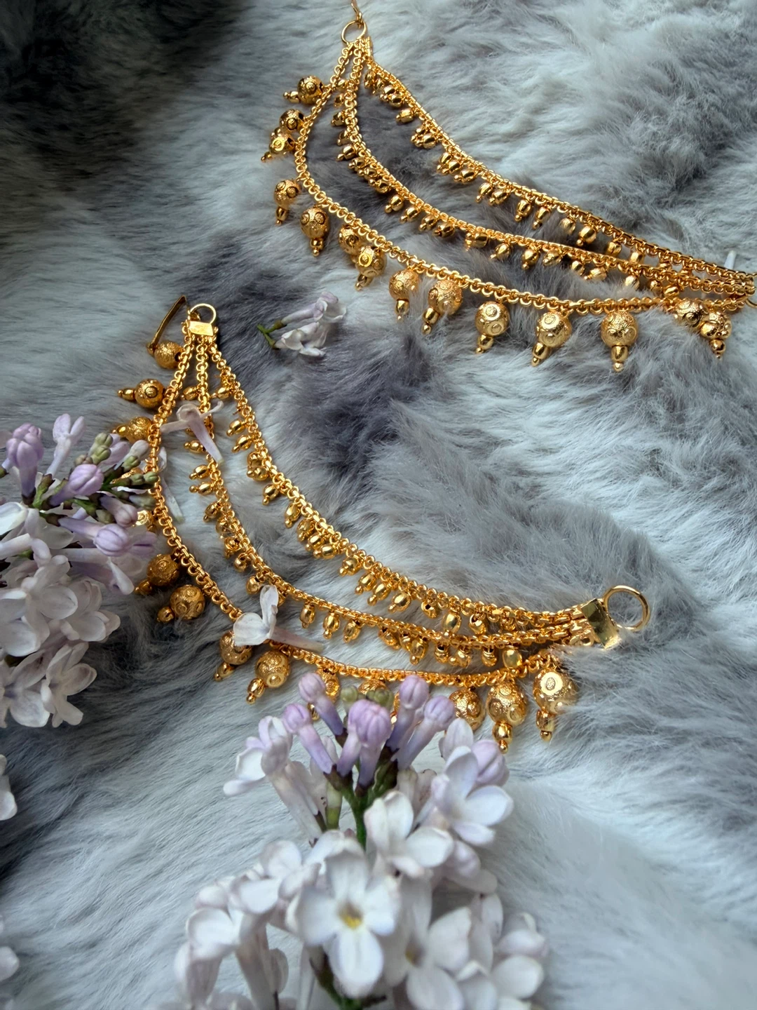 Gold-tone layered chain earrings with bead accents - photo 3