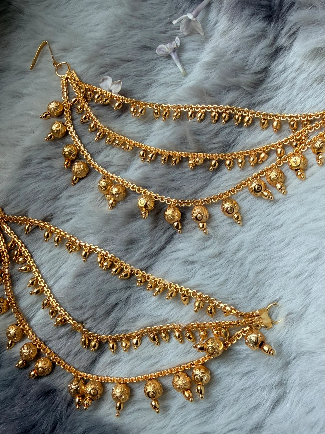 Gold-tone layered chain earrings with bead accents - photo 4