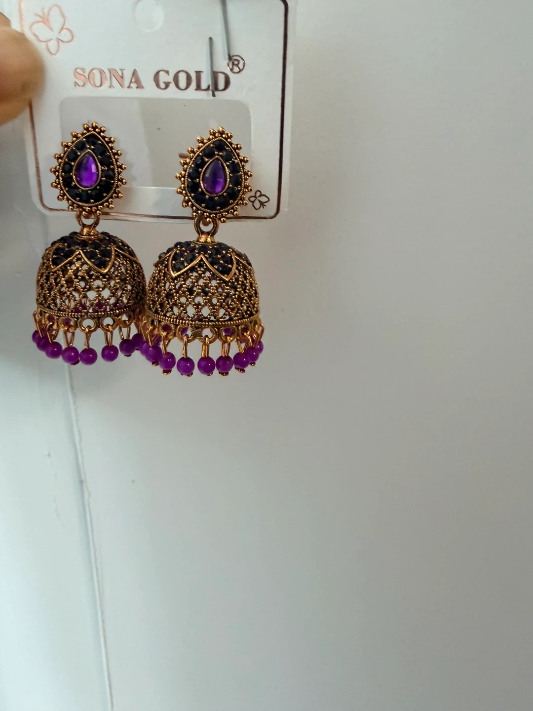 Sona Gold Jhumka Earrings with Purple Beads - photo 2