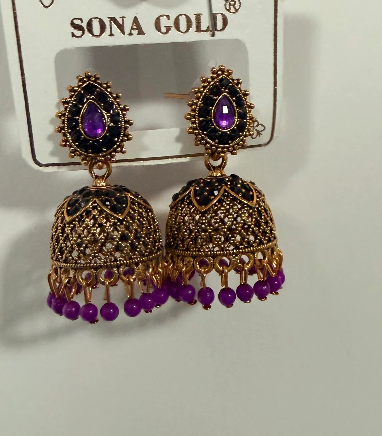 Sona Gold Jhumka Earrings with Purple Beads - photo 3