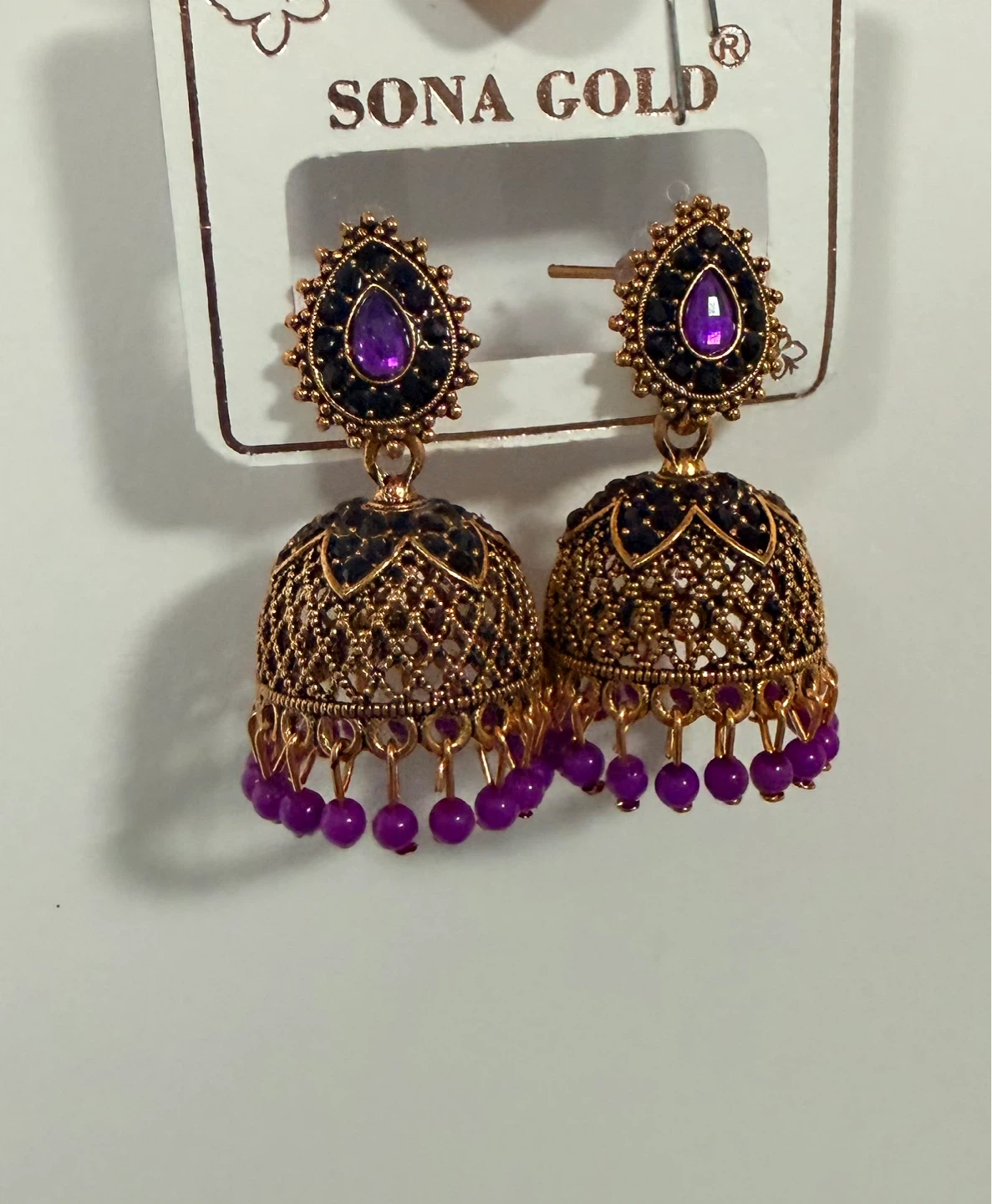Sona Gold Jhumka Earrings with Purple Beads