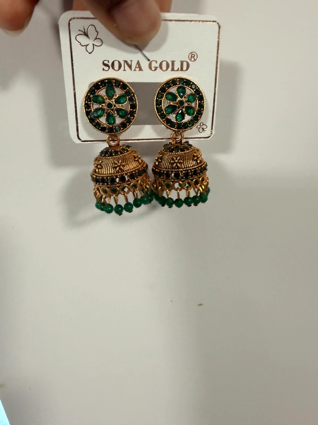 Sona Gold Jhumka Earrings with Green Stones - photo 3