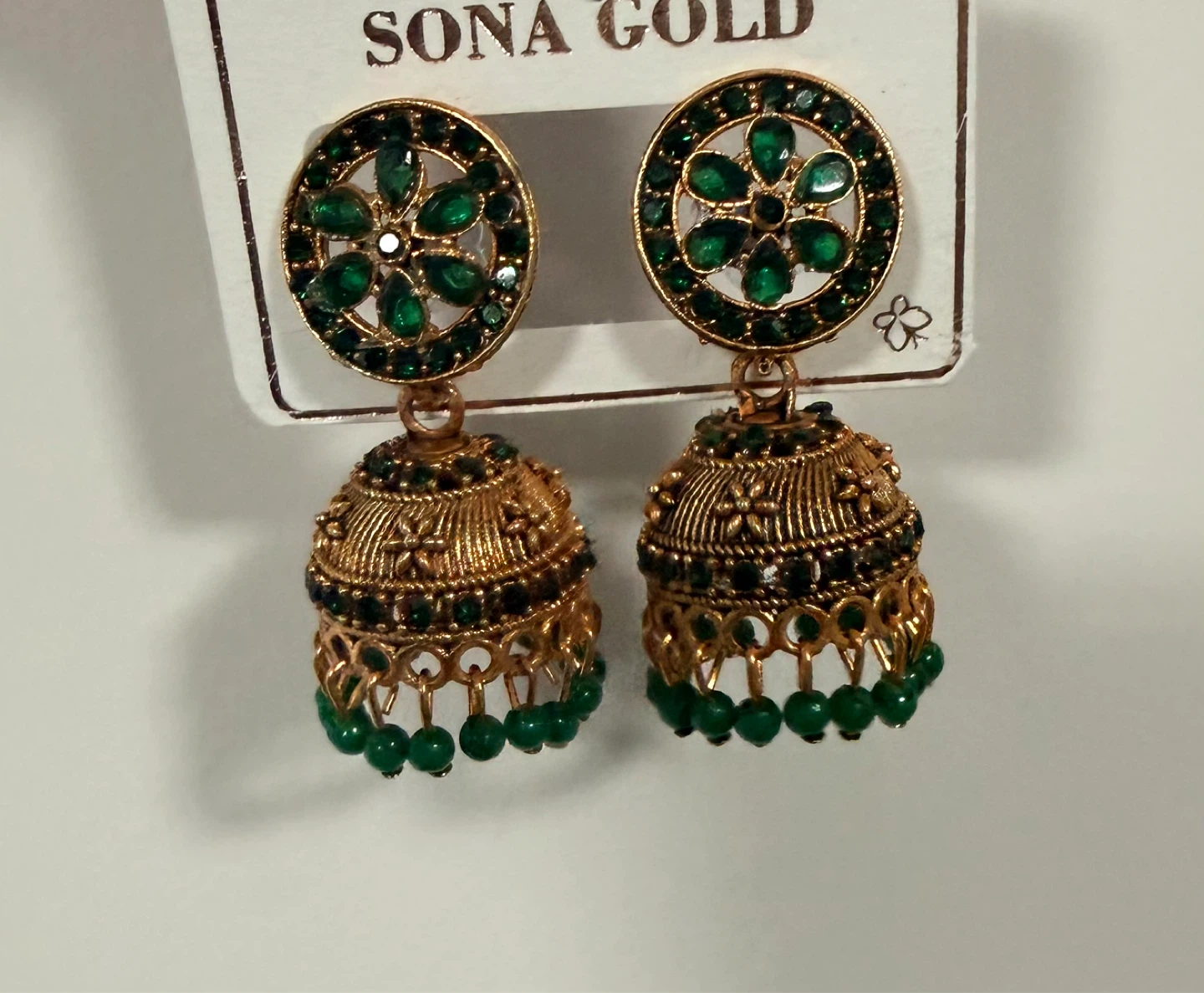 Sona Gold Jhumka Earrings with Green Stones - photo 2