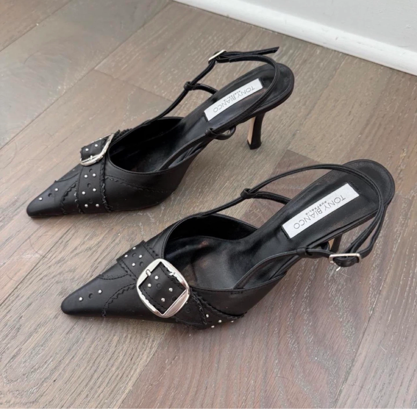 Tony Bianco Black Buckle Studded Heels