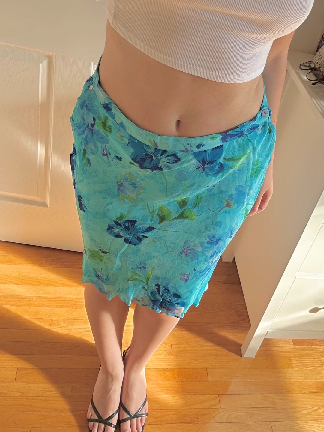 Y2K Blue Floral Midi Skirt
