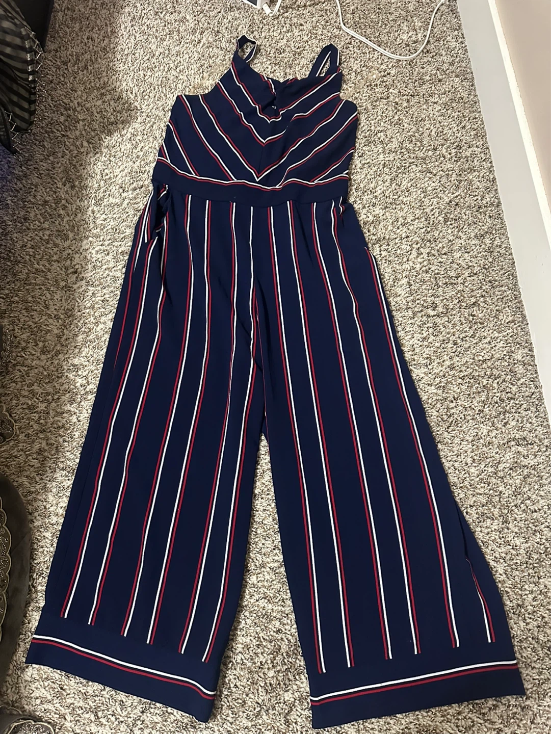 Navy Striped Jumpsuit with Wide Legs