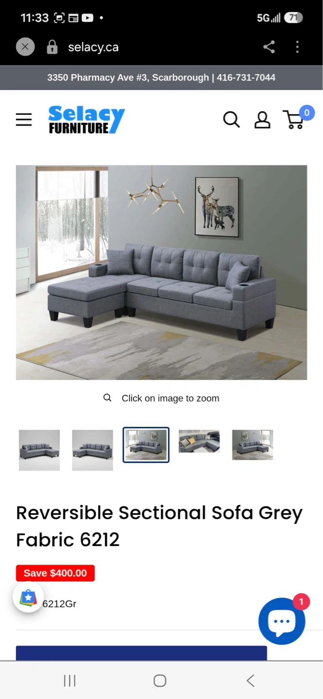Selacy Furniture Reversible Sectional Sofa - Grey Fabric