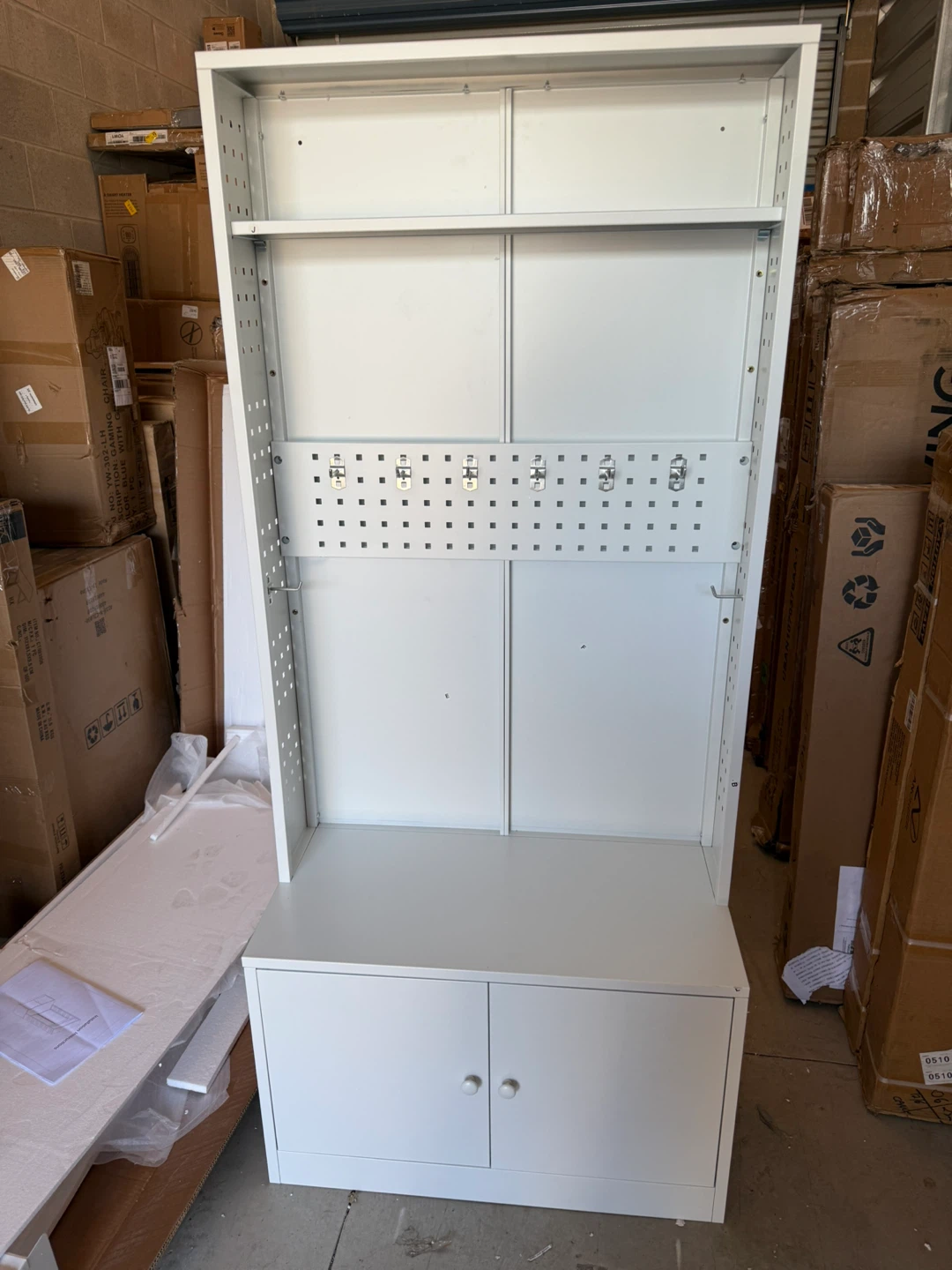 White Metal Storage Cabinet with Bench