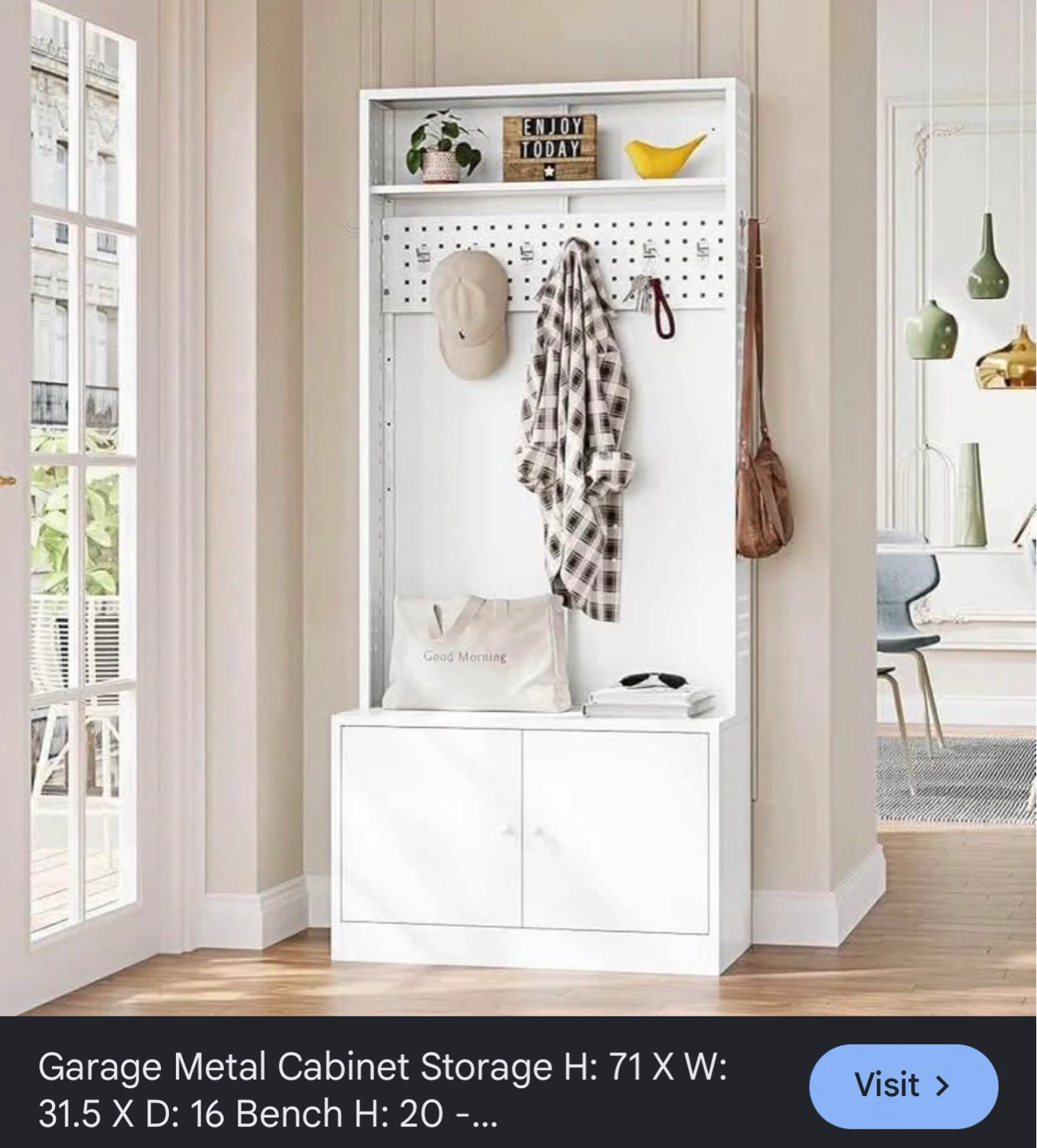 White Metal Storage Cabinet with Bench - photo 2