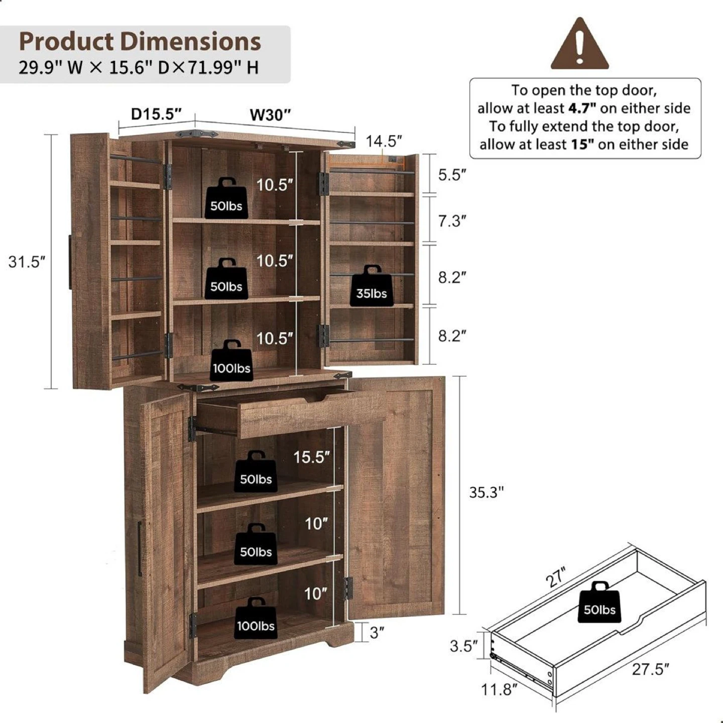 72" Tall Rustic Wood Kitchen Pantry with Drawer - photo 5