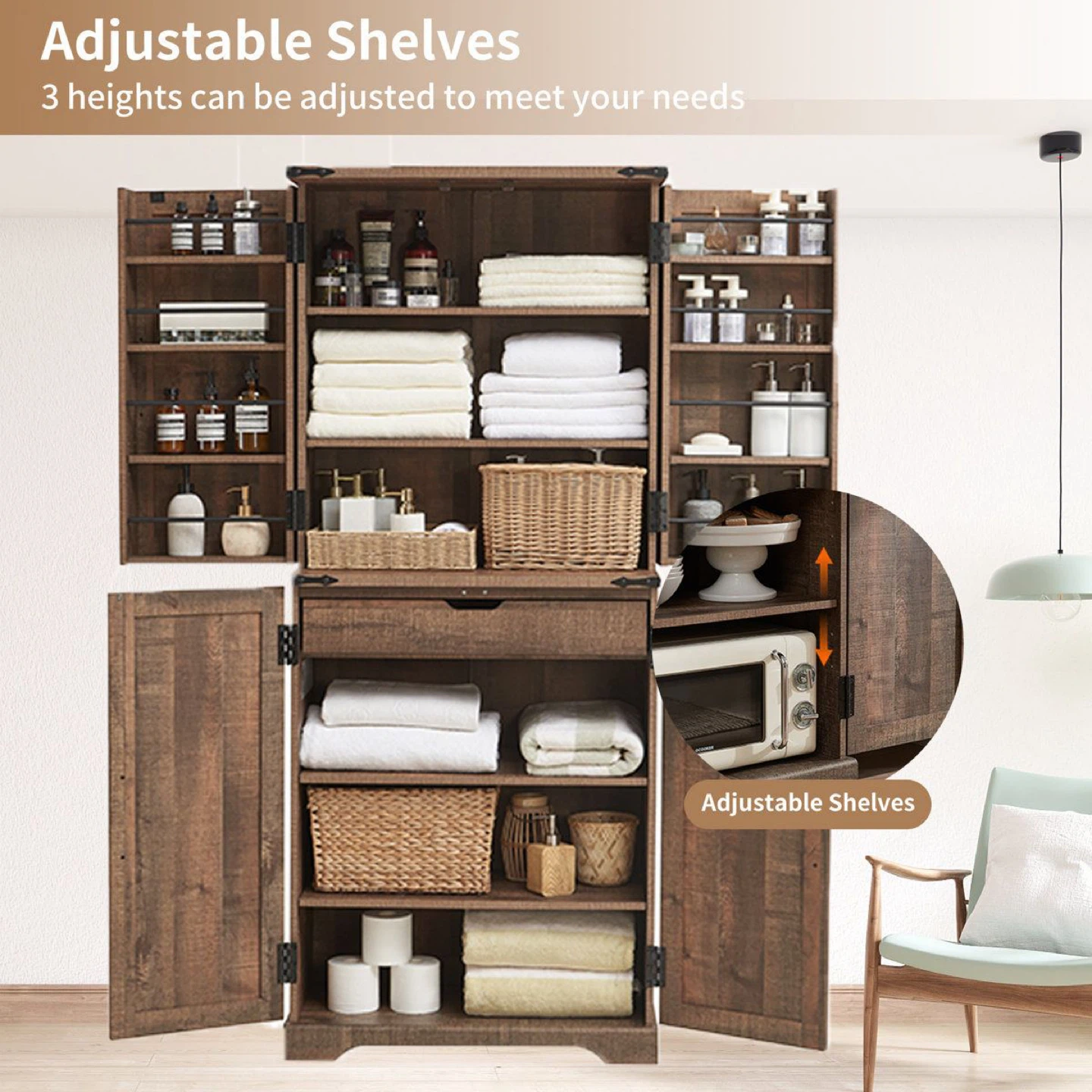 72" Tall Rustic Wood Kitchen Pantry with Drawer - photo 3