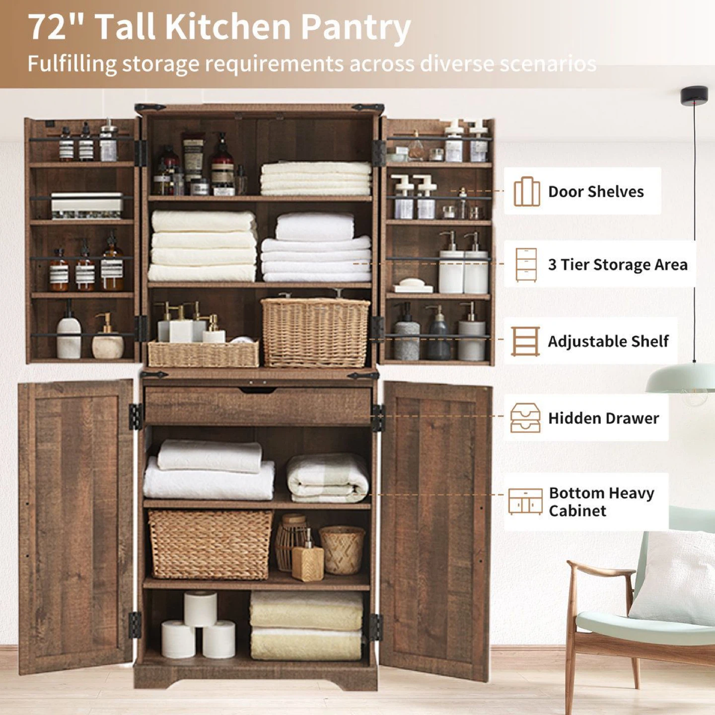 72" Tall Rustic Wood Kitchen Pantry with Drawer