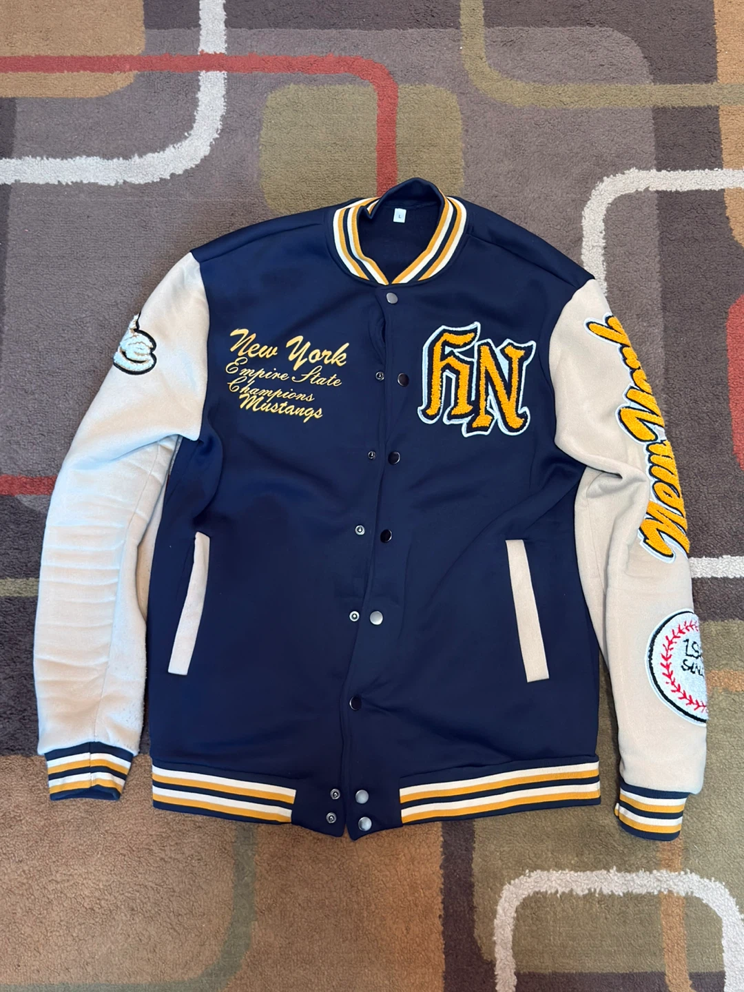 Empire State Mustangs Blue/Cream/Yellow varsity jacket. Size L